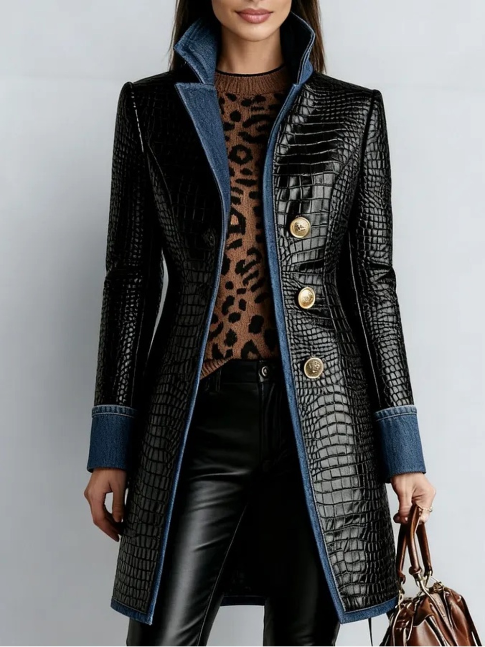 Revolve Attrime Black Croc-Embossed Vegan Leather Coat with Denim Trim